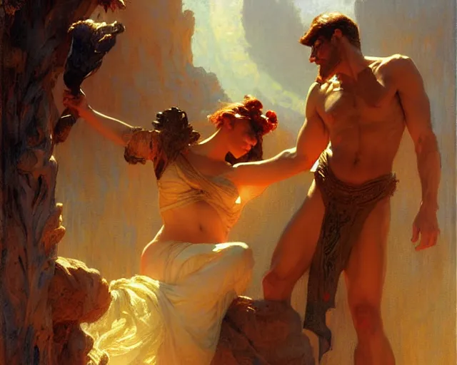 Image similar to attractive lucifer morning casting illusion over attractive mortal man. highly detailed painting by gaston bussiere, craig mullins, j. c. leyendecker 8 k