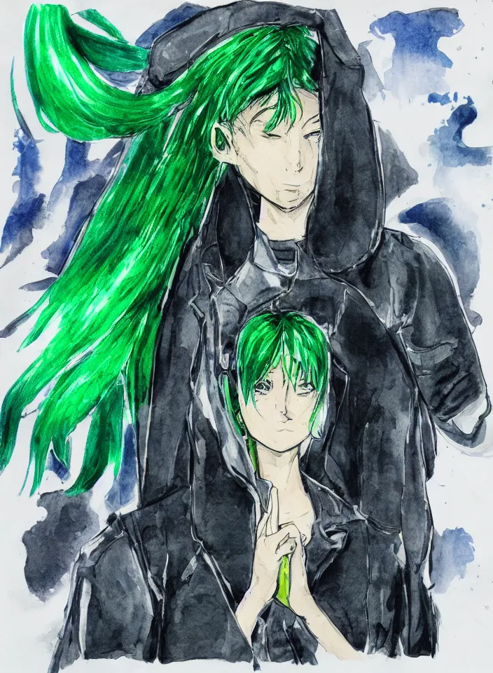 Prompt: portrait of a kid with green hair wearing futuristic clothes, hand drawn manga watercolour