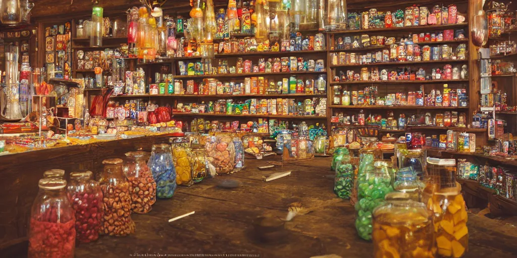 Image similar to Inside an old sweet shop, large jars on shelves, beautiful labels, fantasy vendor interior, wide angle, cinematic, highly detailed, photorealistic, rich bright colors, trending on artstation