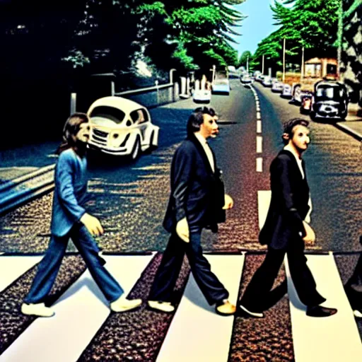 Prompt: abbey road with the three stooges instead of the beatles,