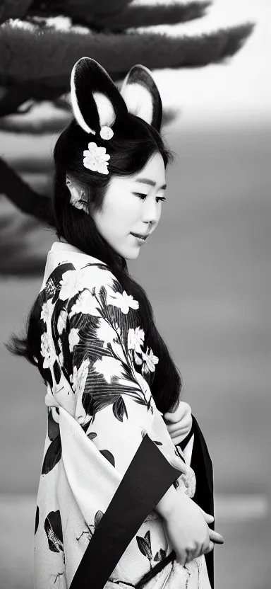 Image similar to “ a portrait photo of a young asian woman with fox ears wearing kimono at a sakura tree, side shot, by shunji dodo, 8 k resolution, black and white photo, high quality ”