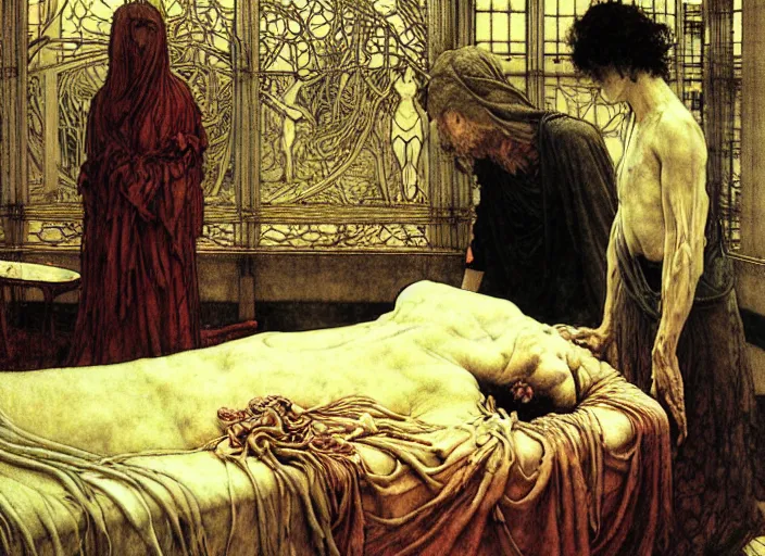 Image similar to the mind mender, standing, hospital room setting, medical tray, injured patient on bed, extremely detailed, painting by arthur rackham, eugene de blaas, frederic leighton, scifi, neo - gothic, intricate, rich deep colors. beksinski painting, part by adrian ghenie and gerhard richter. art by takato yamamoto. masterpiece