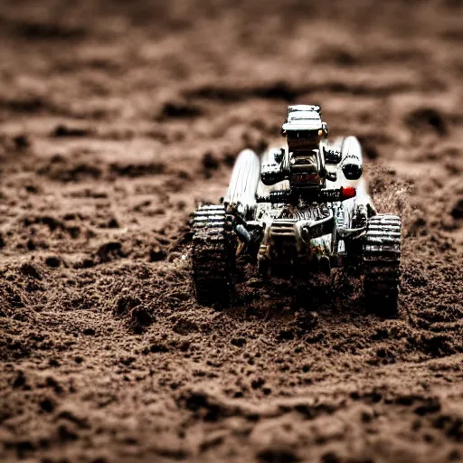 Prompt: action photography, long shot, award winning macro photo of an ultra detailed intricate muddy tin toy robot running very fast on mud, dirt and dust, fast shutter speed, motion blur, tiny gaussian blur, highly detailed, highly intricate, depth of field, national geographic