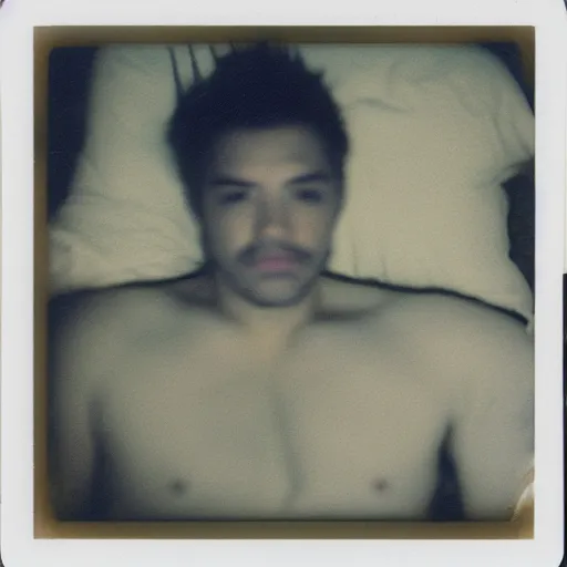 Image similar to soft polaroid photo of man that just woke up and lying in his bed, cinestill 800t