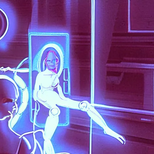 Prompt: a VHS still of a concept art with a photo of Tia Carrere as a solarpunk robotic humanoid with white mechanical parts with led lights, vaporwave artwork composition, in the movie Lifeforce (1985) 8k, intricate, VHS glitch