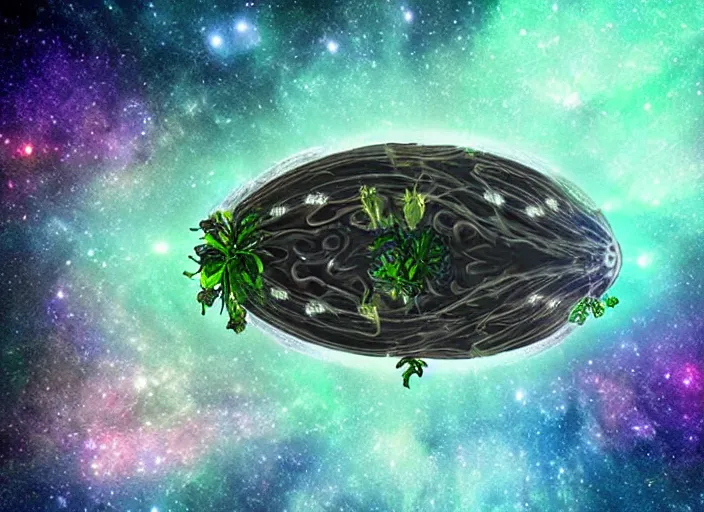 Image similar to an alien spacecraft made of plants, floating in a cosmic nebula