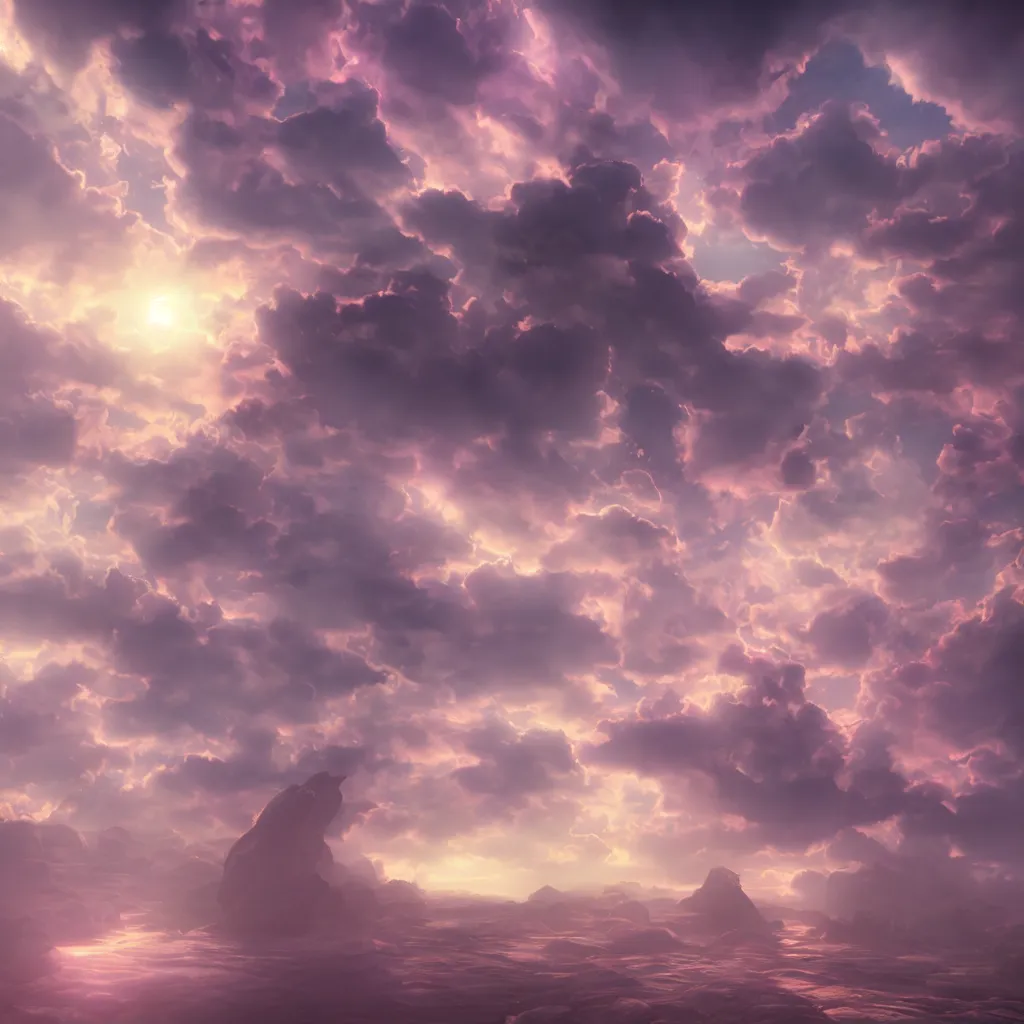 Image similar to fantasy in sky with air magic, at gentle dawn pink light, cinematic lighting, volumetric lighting, smooth, sharp focus, highly detailed, render in unreal engine 5, artstation, deviantart, behance, trending,, epic composition, hd, octane, unreal engine, volumetric lighting, light rays, masterpiece, award - winning