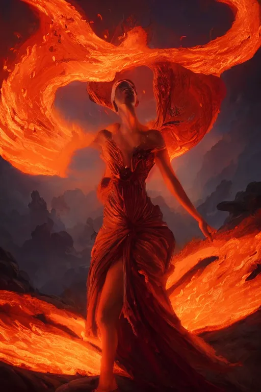 Image similar to beautiful powerful eldritch fire goddess clothed in a flaming gown, volcanic embers, magma, detailed matte fantasy portrait, dynamic lighting, bokeh backdrop, by greg rutkowski, by peter mohrbacher, by brom, hyperrealism, detailed features, 8 k dop dof hdr