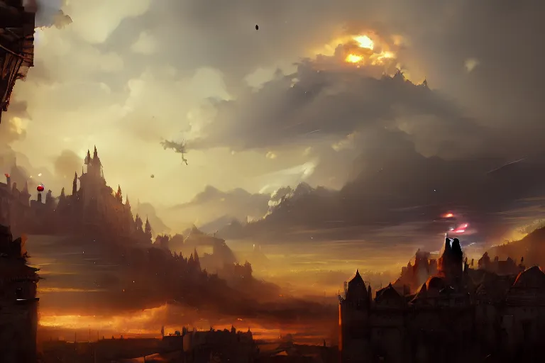 Prompt: baroque oil painting of anime key visual environment concept art of anime rail canon artillery firing over castle walls, smoke debris, grimdark steampunk fantasy, battlefield, trending on artstation, brush strokes, oil on canvas, style of makoto shinkai and greg rutkowski and studio ghibli