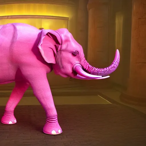 Image similar to a realistic antropomorphic pink elephant dressing necromancer clothes sited in a xenomorphic throne with glow neon eyes, finely detailed, 4 k, photorealistic, cycles engine,