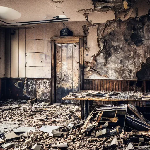 Prompt: A cup of coffee in a destroyed cafe reflecting the destroyed surroundings after a nuclear breakout, intense aura, 8k photography, intricate, smooth, sharp focus, close shot, perfect reflections