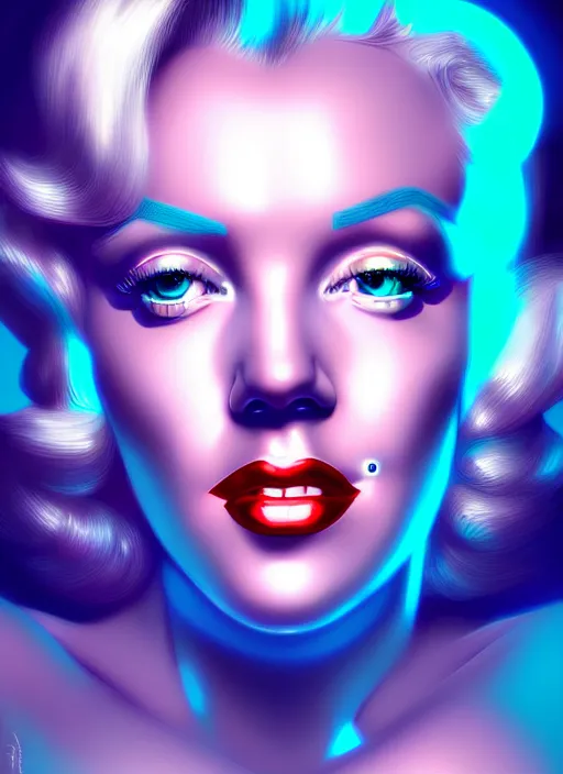 Image similar to portrait of marilyn monroe cyber humanoid, intricate, elegant, cyber neon lights, highly detailed, digital painting, artstation, glamor pose, concept art, smooth, sharp focus, illustration, art by artgerm and greg rutkowski