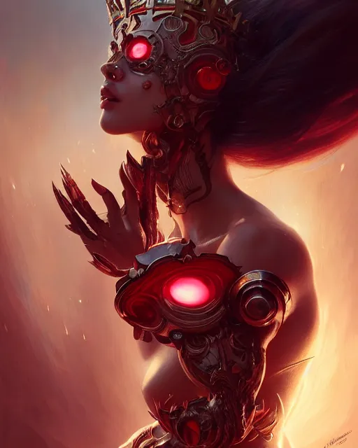 Prompt: concept art by artgerm, super attractive i robot demon queen with crown and red eyes, art by by gaston bussiere and greg rutkowski, soft natural light, intricate, elegant close - up portrait, highly detailed, digital painting, artstation, concept art, smooth, sharp focus, illustration, symmetry!!