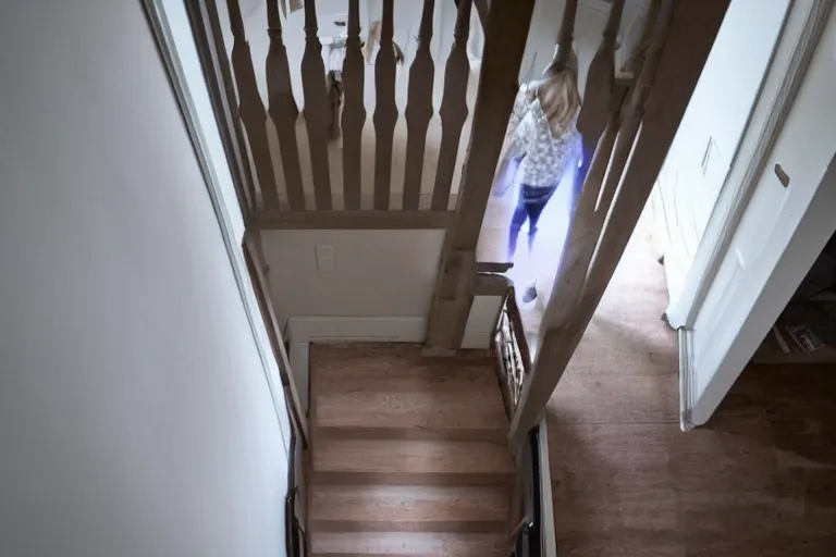 Prompt: looking down stairs in a house, looking down over a persons shoulder at the semi transparent ghost of a man at the bottom