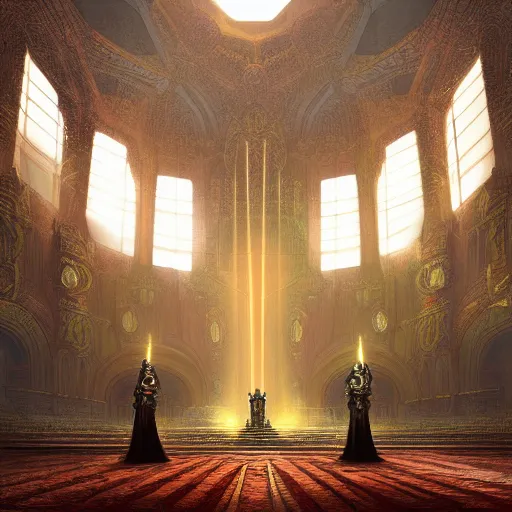 Prompt: Digital art of the opulent throne room Imperial matte finish, ominous dramatic wide angle, god rays Marc Simonetti