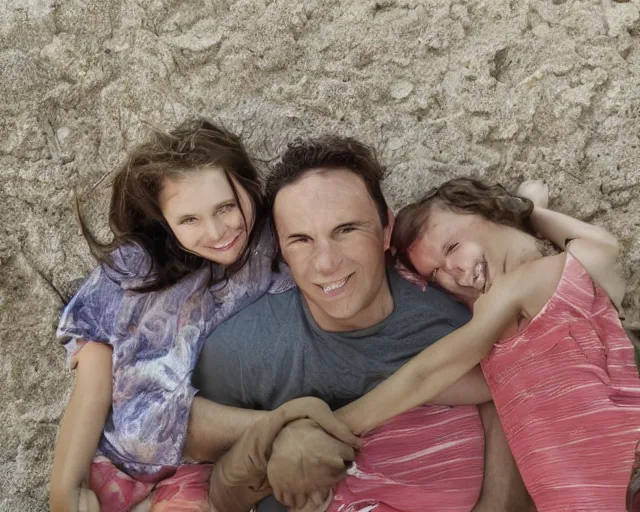 Image similar to happy father, mother, son, daughter, pose portrait on beach, realistic faces