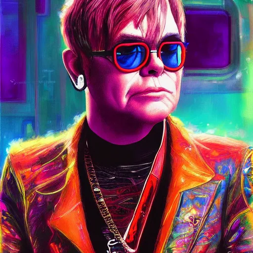 Prompt: cyberpunk x Elton John fashion, gucci catwalk, oil painting, digital art, ultradetailed, artstation