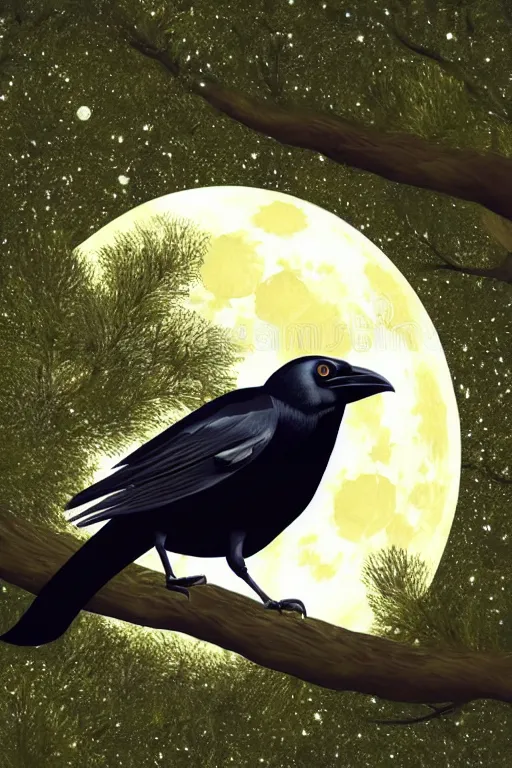 Image similar to close up portrait of a crow on a tree in front of the full big moon, vector graphic, clear lines, intricate, portrait, 8k highly professionally detailed, HDR, CGsociety