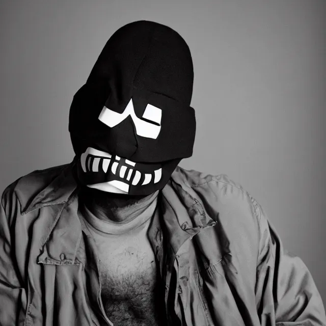 Image similar to a close-up black-and-white studio portrait of Roberto Bolaños Chaves El Chavo del Ocho wearing the MF Doom mask. Madvillain album cover