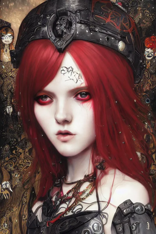 Prompt: portrait of cute beautiful young goth maiden, red hairs, cyberpunk, Warhammer 40000, gothic, highly detailed, artstation, illustration, art by Gustav Klimt and Range Murata