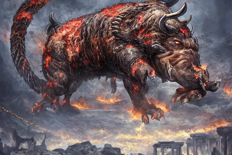 Image similar to immense, colossal demon boar. brutal. with bulging muscles. wearing a silver mesh necklace filled with amber. rampaging across the burning ruins of an ancient city.