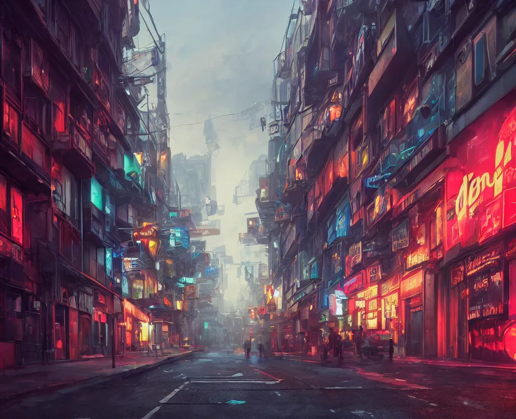 Image similar to three point perspective close wide angle shot of a matte painting environment design of future London alley with neon lights and advertisements, artstation, ultra realistic, volumetric lighting, 4k, unreal engine, octane render, art by Artgerm and Greg Rutkowski and Alphonse Mucha