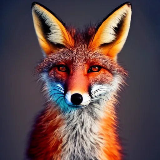 Image similar to A portrait of a surreal-looking fox with glowing blue eyes, focused, soft lighting, extremely detailed 8k, by Alexander Jannson