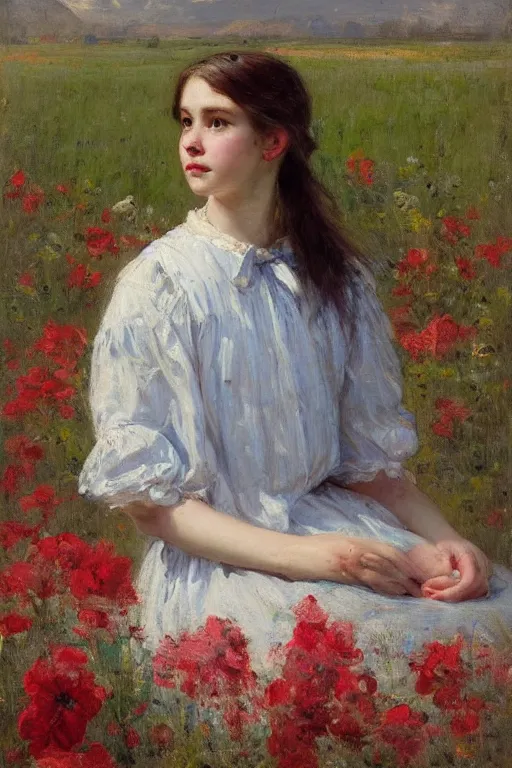 Image similar to Solomon Joseph Solomon and Richard Schmid and Jeremy Lipking victorian genre painting portrait painting of a young cottagecore girl in an open field of flowers, red background