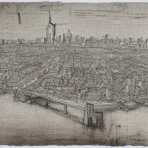 Image similar to sketches of New York City drawn by Leonardo DaVinci on stained and crumbled paper, highly detailed, intricate, high quality scan