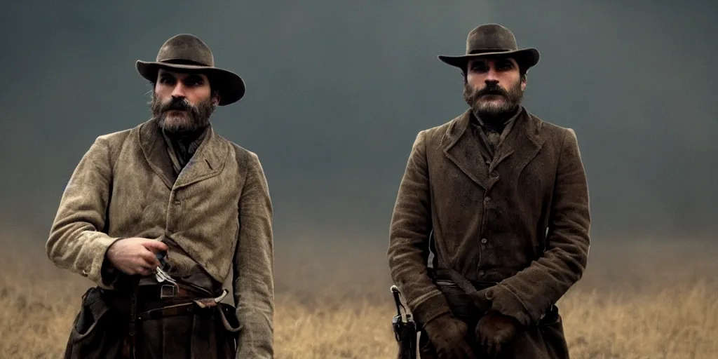 Image similar to Joaquin Phoenix as Daniel Plainview in 'There Will Be Blood' (2007), movie still frame, oscar nominated cinematography, volumetric lighting, 8k resolution, beautiful composition