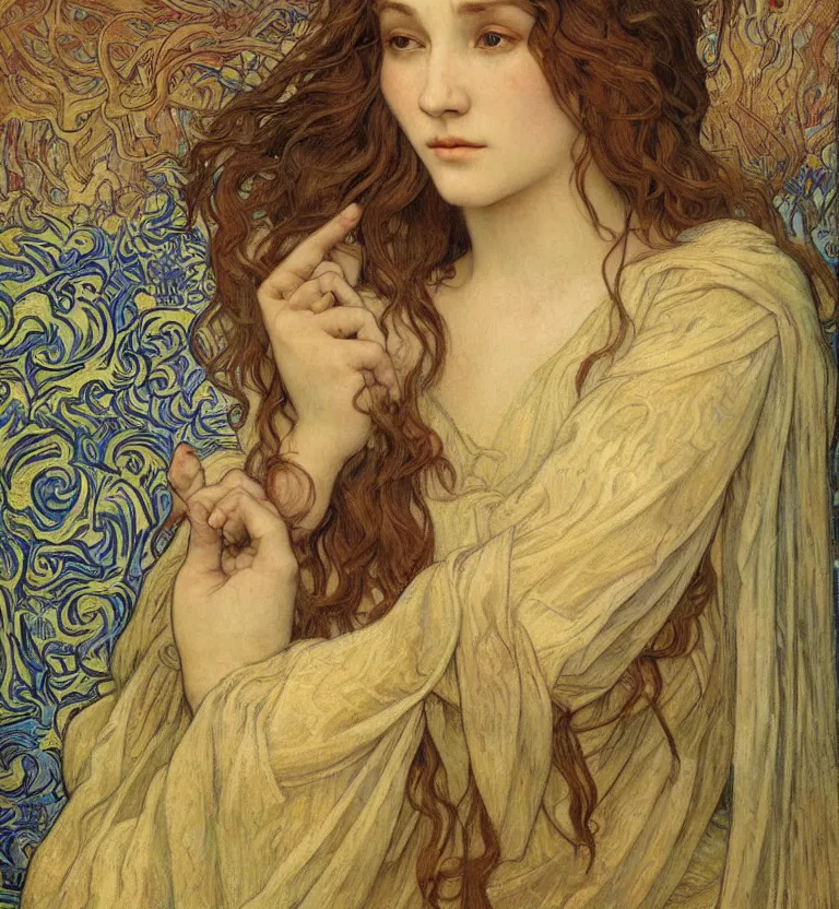 Image similar to detailed realistic beautiful young medieval queen face portrait by jean delville, alphonse mucha, vincent van gogh, and marco mazzoni, art nouveau, symbolist, visionary, gothic, pre - raphaelite