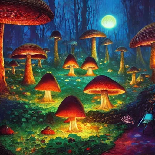 Image similar to mushroom village located deep in a forest, bioluminescent, art by james christensen, rob gonsalves, paul lehr, leonid afremov and tim white