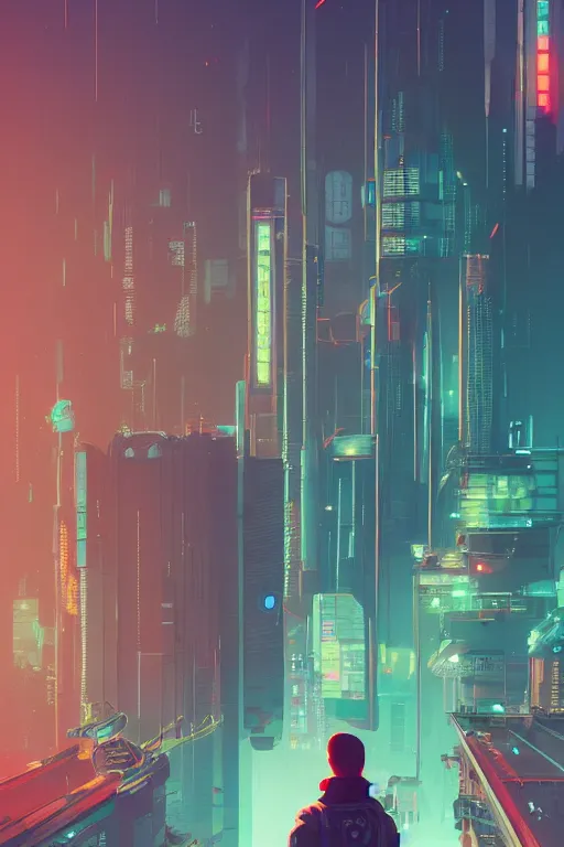 Image similar to a man standing on top of a bridge over a city, cyberpunk art by james gilleard, cgsociety, retrofuturism, synthwave, cityscape, 2 d game art