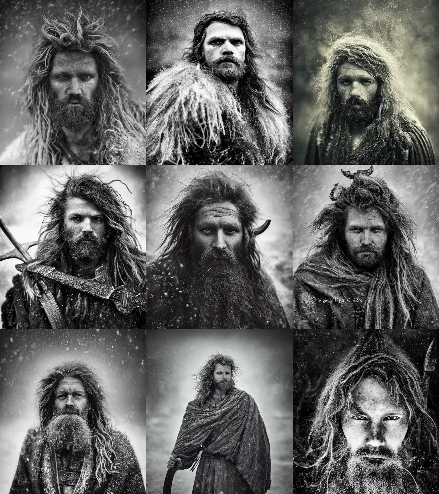 Prompt: Award winning location photograph of Early-medieval Legendary Scandinavian Folk hero with incredible hair and beautiful hyper-detailed eyes holding a battle-axe, wearing traditional garb in a snowstorm by Lee Jeffries, 85mm ND 4, perfect lighting, gelatin silver process