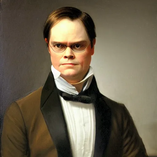 Prompt: portrait of dwight schrute wearing a tuxedo and smirking, as painted by augustus edwin mulready