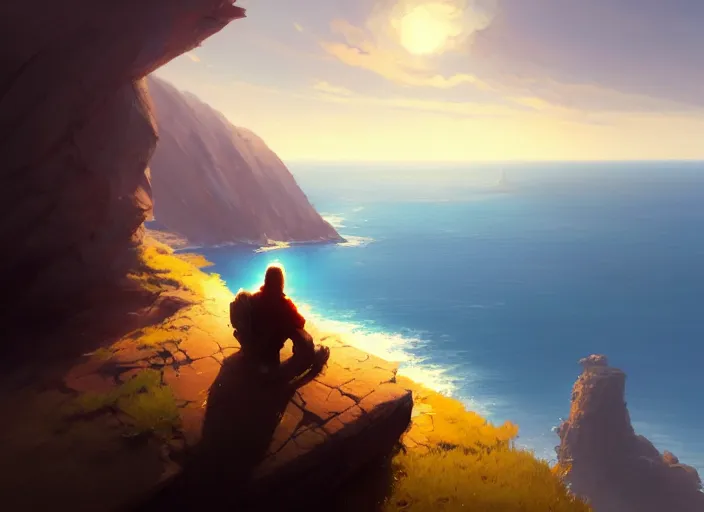 Prompt: a man sitting on a cliff watching the sun shining bright, painting, digital art, harsh lighting, trending on art station, art by greg rutkowski and andreas rocha, 8 k