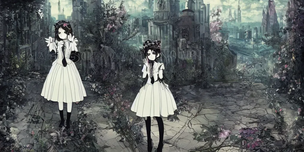 Image similar to beautiful android gothic lolita standing in a city taken over by nature , theme of sadness, melancholy, and dark beauty, high exposure