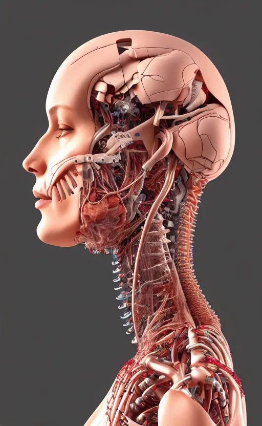 Image similar to 3D render of a beautiful profile face portrait of a female cyborg, 150 mm, flowers, Mandelbrot fractal, anatomical, flesh, facial muscles, wires, microchip, veins, arteries, full frame, elegant, highly detailed, flesh ornate, elegant, high fashion, rim light, octane render in the style of H.R. Giger