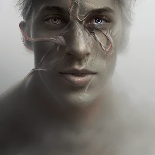 Image similar to Man being consumed by smoke, beautiful illustration, detailed, by Wylie Beckert, artgerm, top on artstation, realistic, 4k