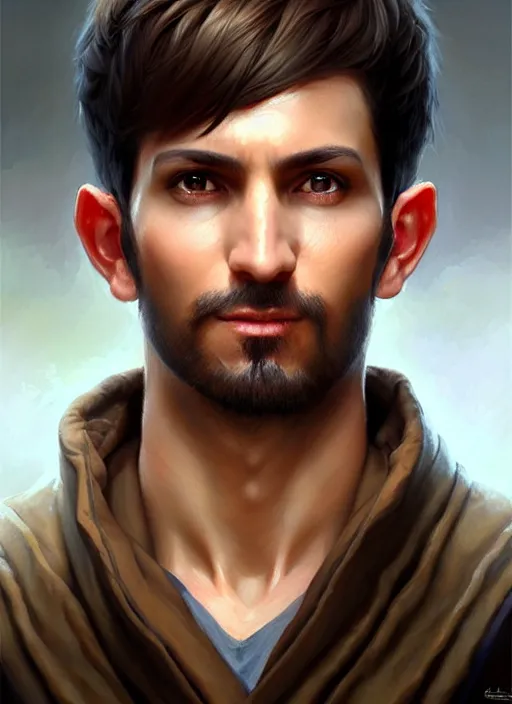 Image similar to a _ fantasy _ style _ portrait _ painting _ of light brown argentinian male short black hair defined chiseled facial features face big ears, rpg dnd oil _ painting _ unreal _ 5 _ daz. _ rpg _ portrait _ extremely _ detailed _ artgerm _ greg _ rutkowski _ greg