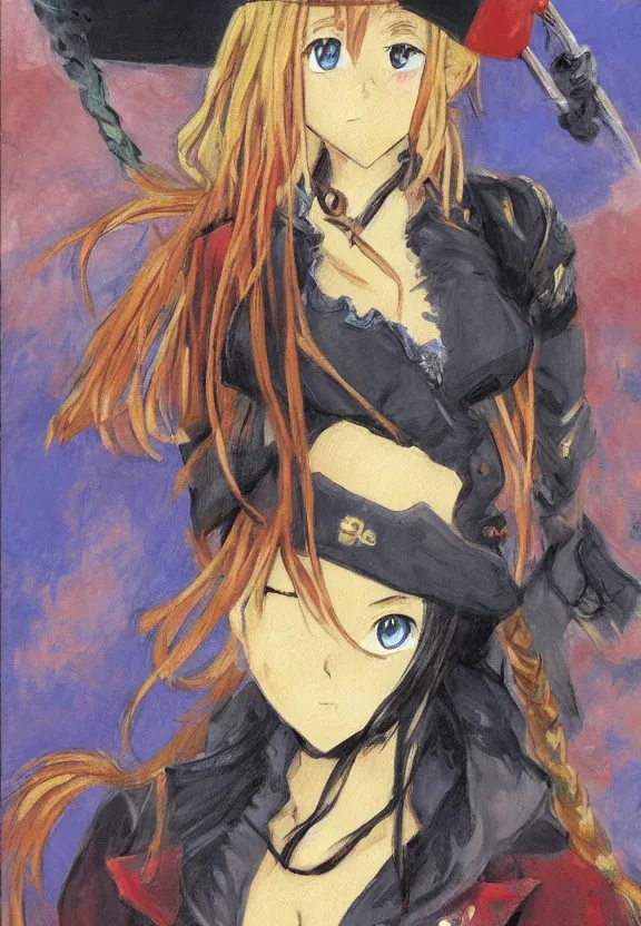 Image similar to wide angle painting of a female pirate, a thrifty uniform, somewhat of an anime in impressionist style, trending artwork, illustrated in anime painter studio, by claude monet and an anime artist, collaboration