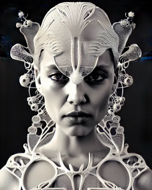 Prompt: bw 3 d render, stunning beautiful very young angelic cute biomechanical albino female cyborg with a porcelain profile face, rim light, big leaves and stems, roots, fine foliage lace, alexander mcqueen, art nouveau fashion embroidered collar, steampunk, silver filigree details, hexagonal mesh wire, mandelbrot fractal, elegant, artstation trending