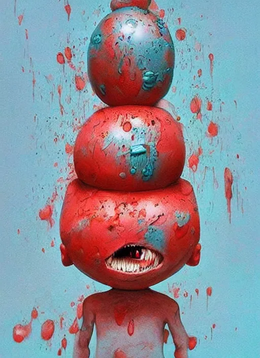 Image similar to a dramatic emotional hyperrealistic pop surrealist oil panting of a sad sobbing grotesque kawaii vocaloid figurine caricature sobbing red in the face uglycrying with tears and snot featured in dead space hill 2 by beksinski made of dripping paint splatters in the style of madballs, 😭 🤮 💕 🎀