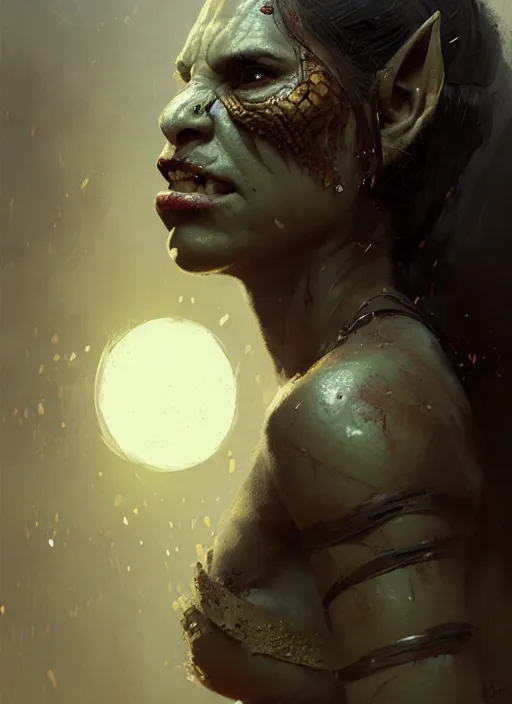 Image similar to female orc girl, beautiful face, rule of thirds, intricate outfit, spotlight, by greg rutkowski, by jeremy mann, digital painting