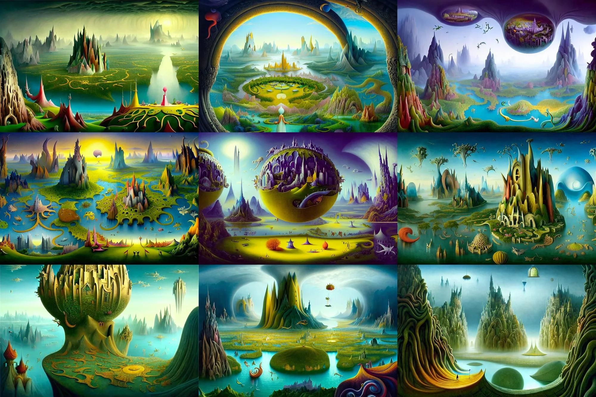 Prompt: a beguiling epic stunning beautiful and insanely detailed matte painting of windows into dream worlds with surreal architecture designed by Heironymous Bosch, dream world populated with mythical whimsical creatures, mega structures inspired by Heironymous Bosch's Garden of Earthly Delights, vast surreal landscape and horizon by Cyril Rolando and Andrew Ferez and Paul Lehr, masterpiece!!!, grand!, imaginative!!!, whimsical!!, epic scale, intricate details, sense of awe, elite, wonder, insanely complex, masterful composition!!!, sharp focus, fantasy realism, dramatic lighting