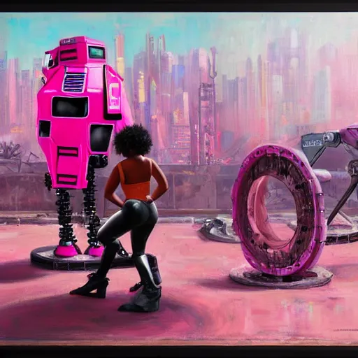 Image similar to a black girls building a giant pink mecha robot out of junk in the cyberpunk ghetto by justin bua, oil on canvas, 8k