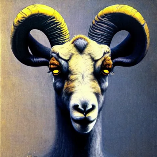 Prompt: Angry Bighorn Sheep portrait, dark fantasy, blue and yellow, artstation painted by Zdzisław Beksiński and Wayne Barlowe