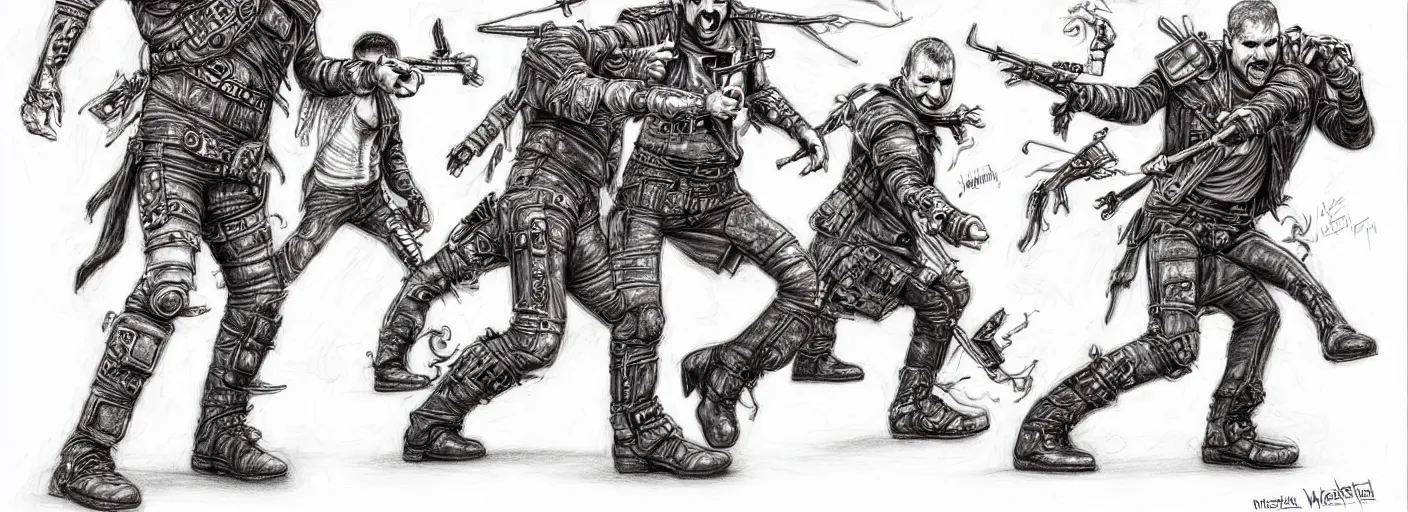 Prompt: mad max the road warrior walking silly in the ministry of silly walks, pencil drawing by james jean, very silly