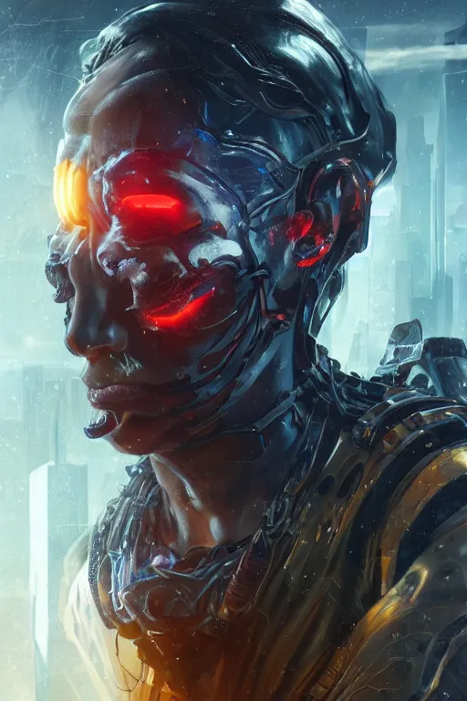 Prompt: fantasy character concept portrait, digital painting, wallpaper of a cyberpunk cyborg with skin of obsidian, with veins of magma and gold, renaissance nimbus overhead, by aleksi briclot, by laura zalenga, by alexander holllow fedosav, 8 k dop dof hdr, vibrant