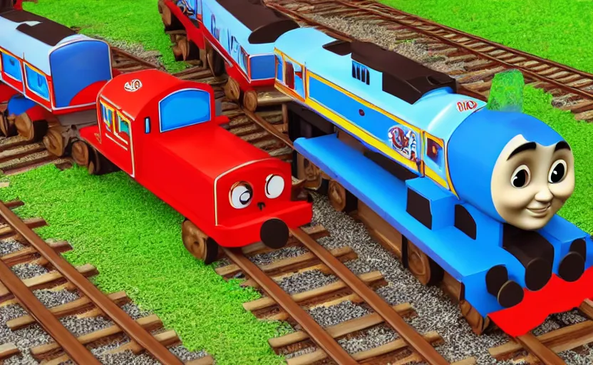 Prompt: four trains on tracks named speedy, sally, paul, and miguel : : children's show : : in the style of thomas the tank engine : : photography, 3 d render, happy mood